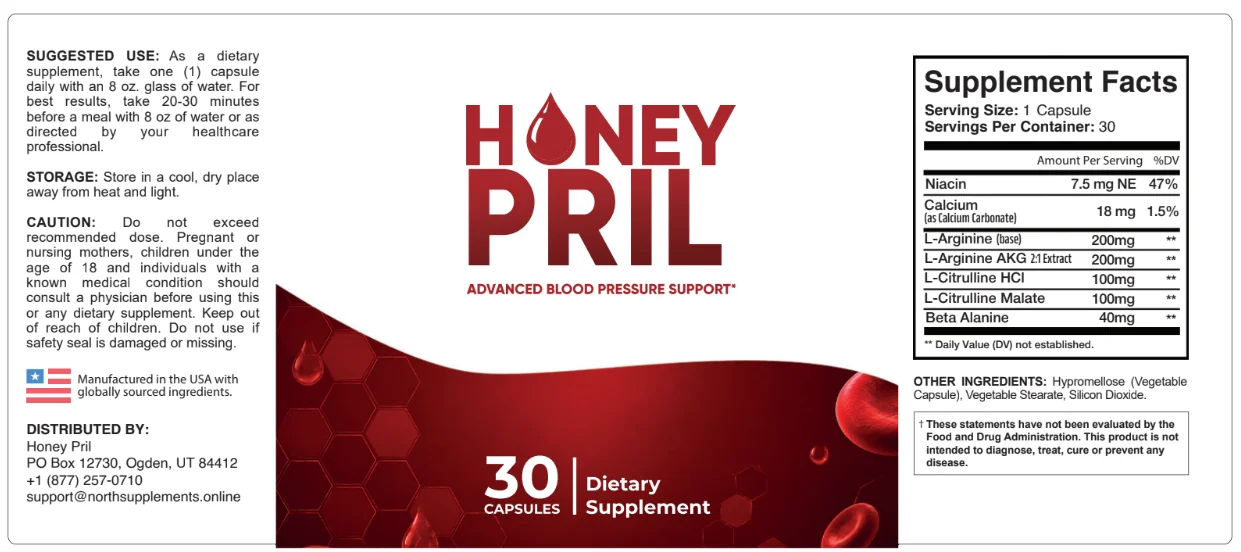 Honey Pril Supplement Facts and label directions